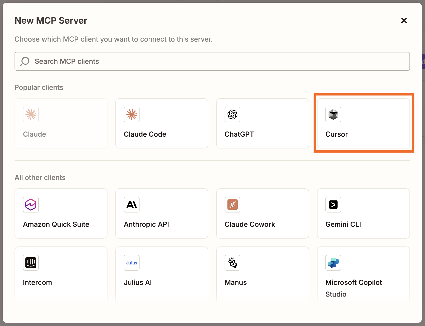 Under New MCP Server, an orange box is shown around Cursor.