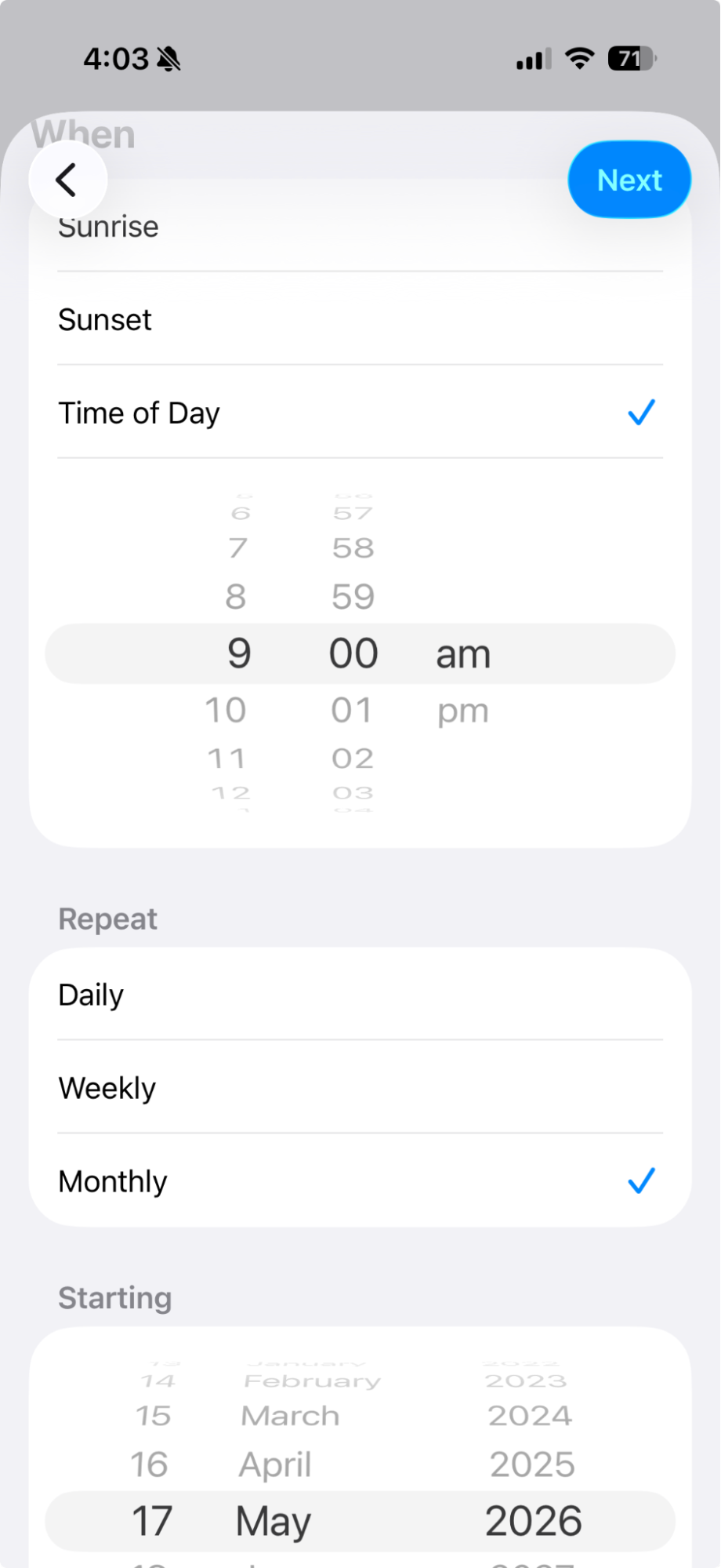Screenshot of the Time of Day trigger for iPhone automation.