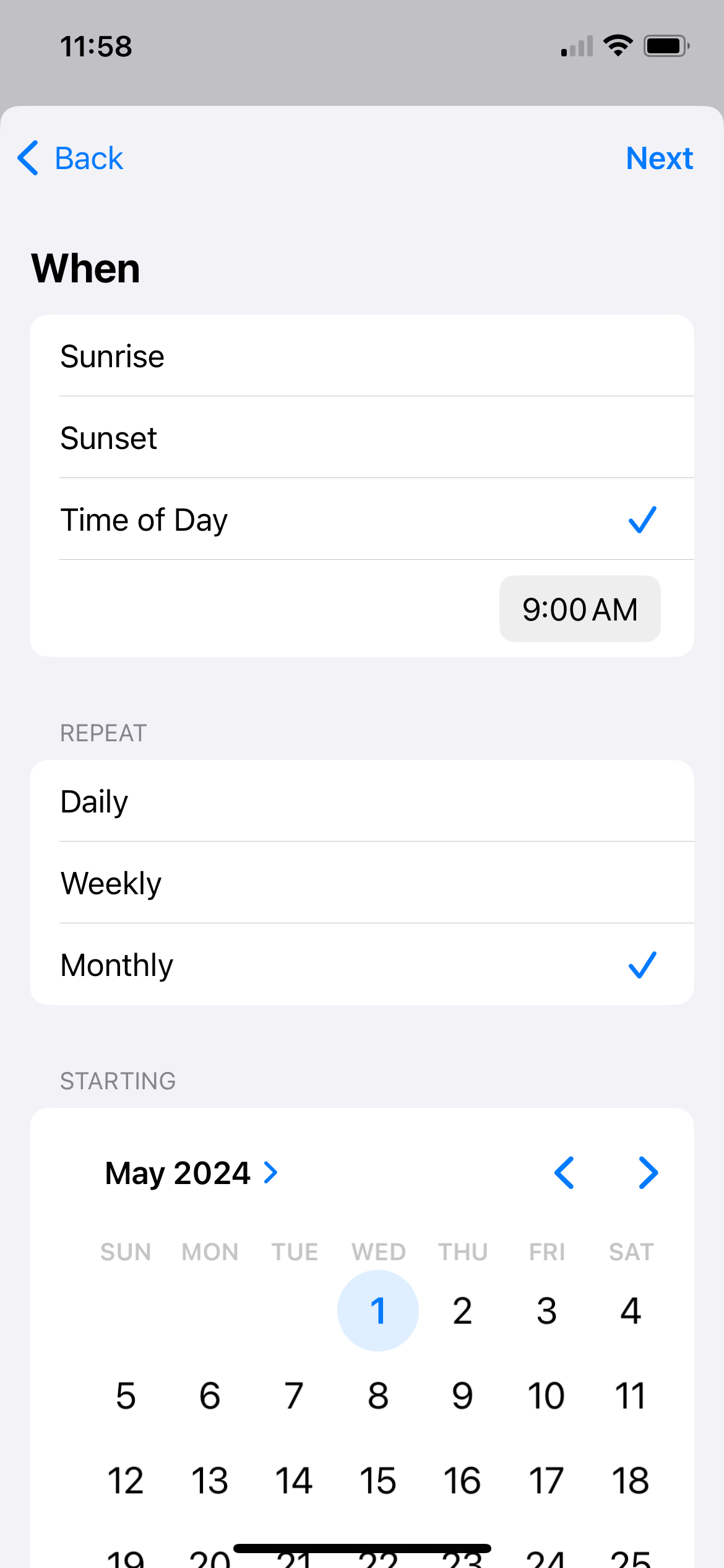 Screenshot of the Time of Day trigger for iPhone automation.