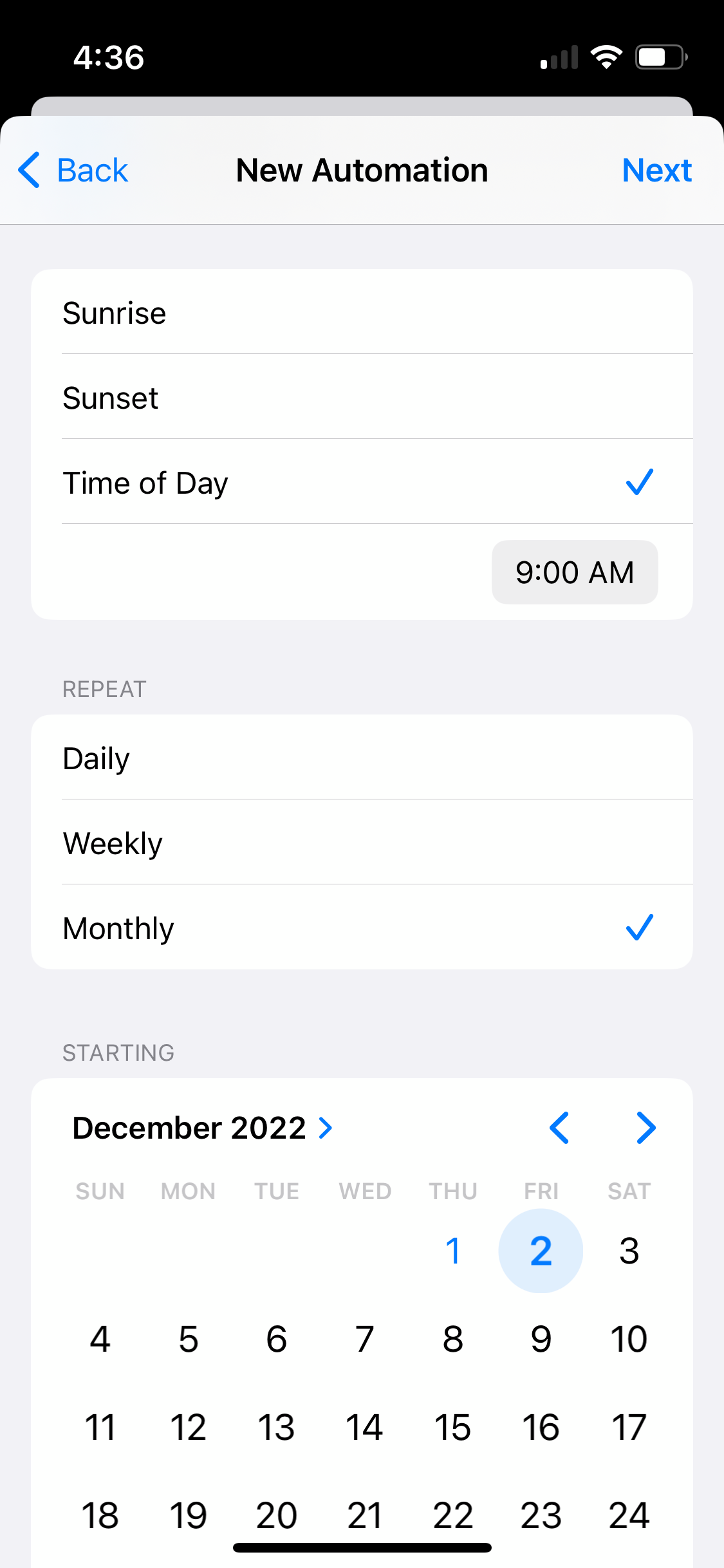 Screenshot of the Time of Day trigger for iPhone automation.