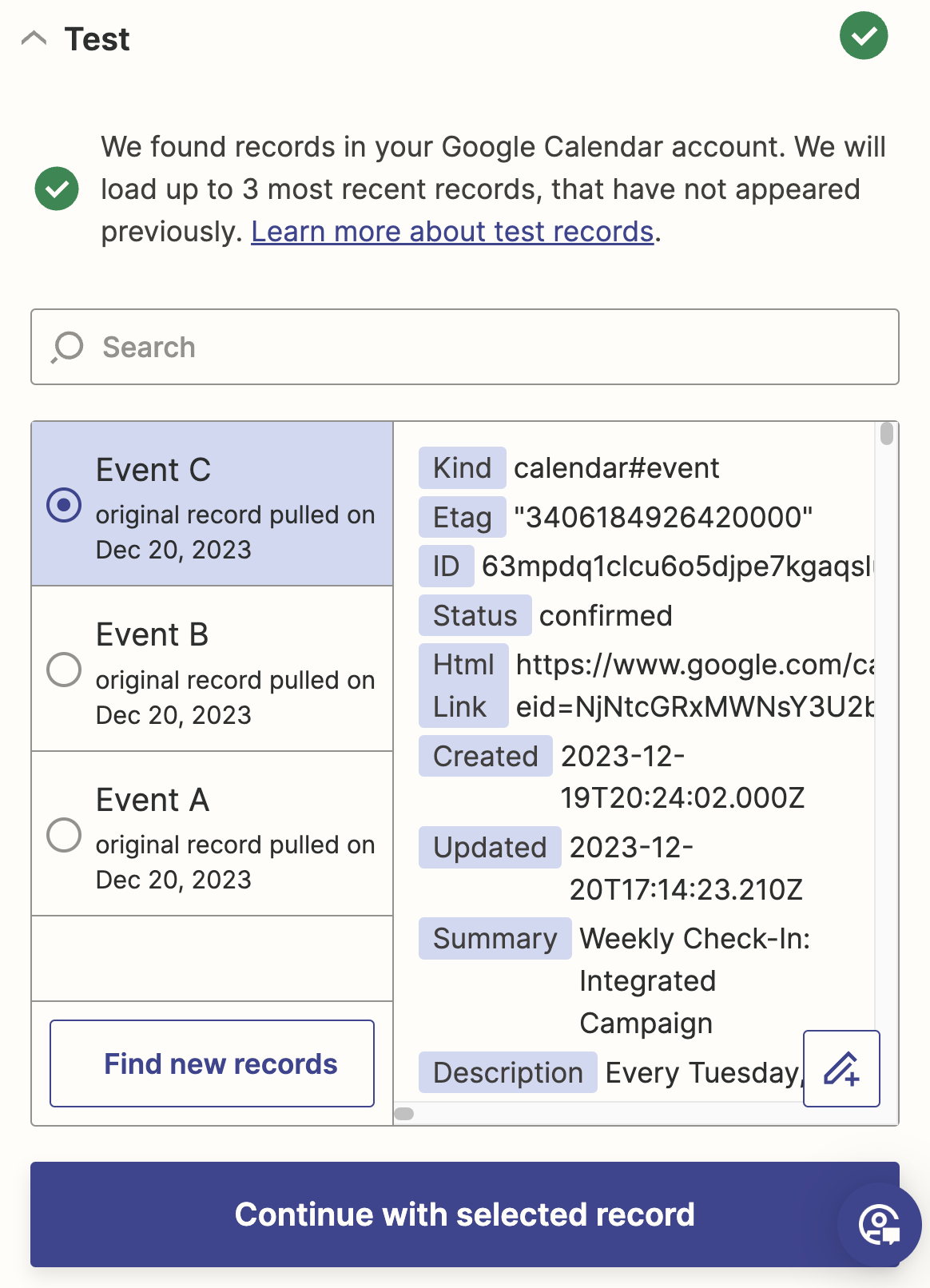 A set of sample calendar data that shows Google Calendar event details.