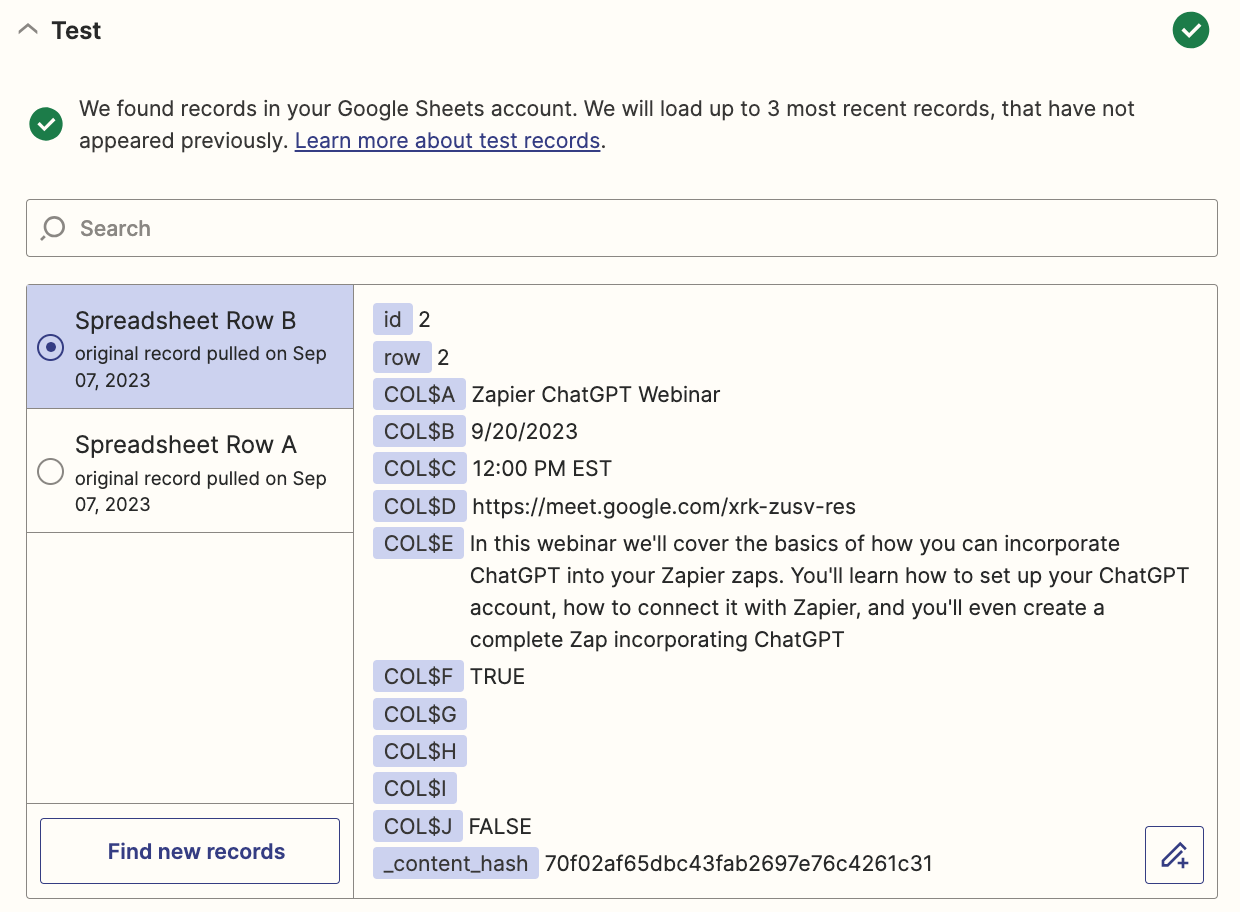 Test sample results for a trigger step in the Zap editor.