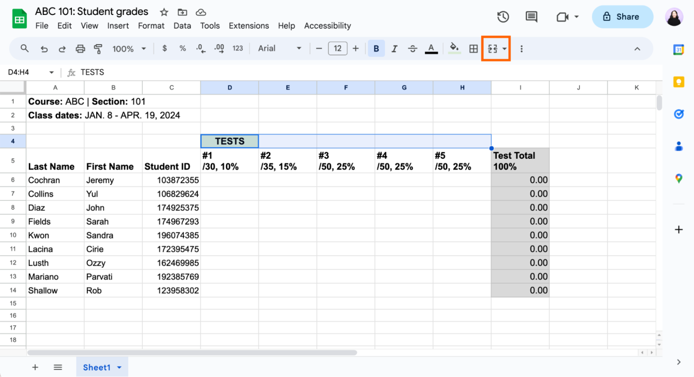 How to merge cells in Google Sheets using the merge cells button in the toolbar.
