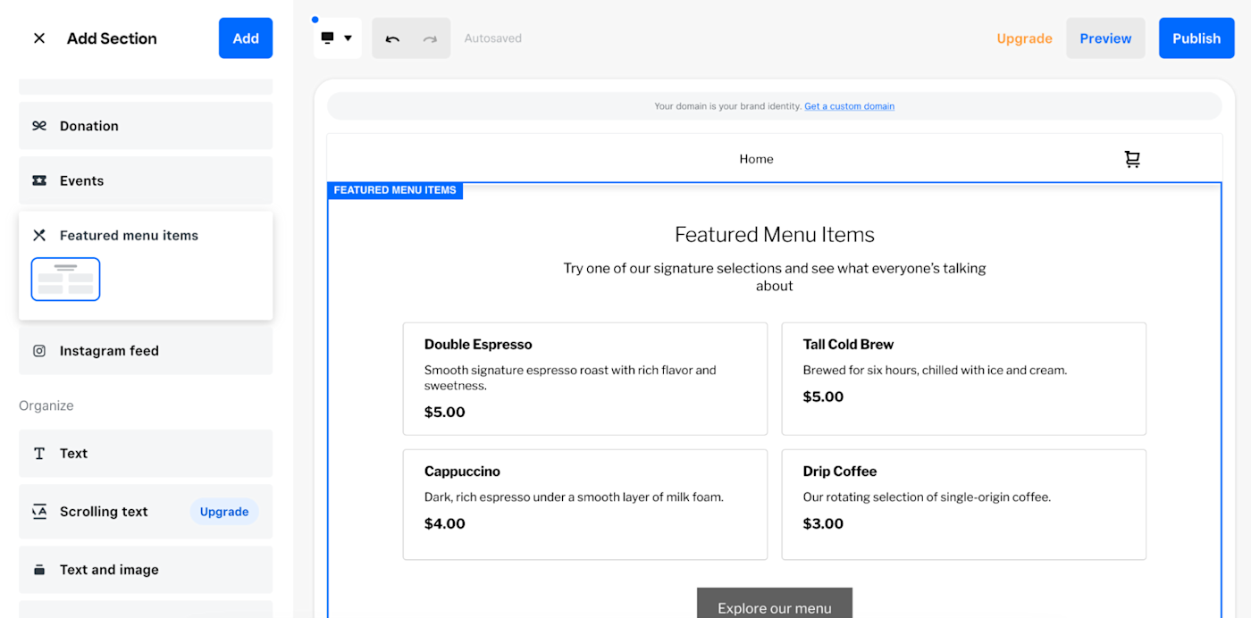 Square, our pick for the best small business website builder for restaurants and food-based small businesses