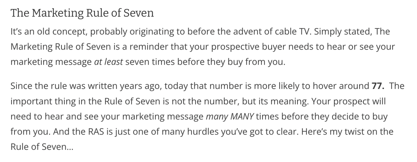 A screenshot of a blog post talking about the Marketing Rule of Seven, and acknowledging that it's more of a fuzzy concept than an actual data point.