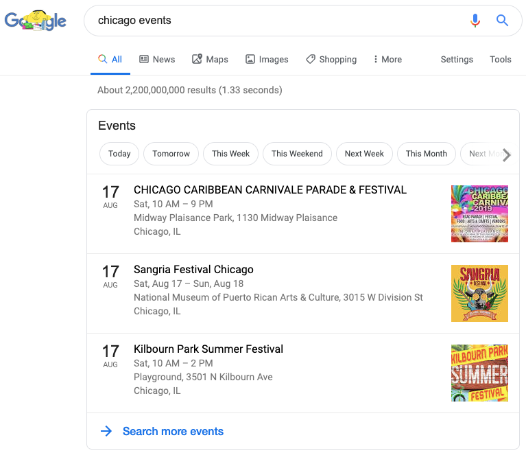 Google events calendar