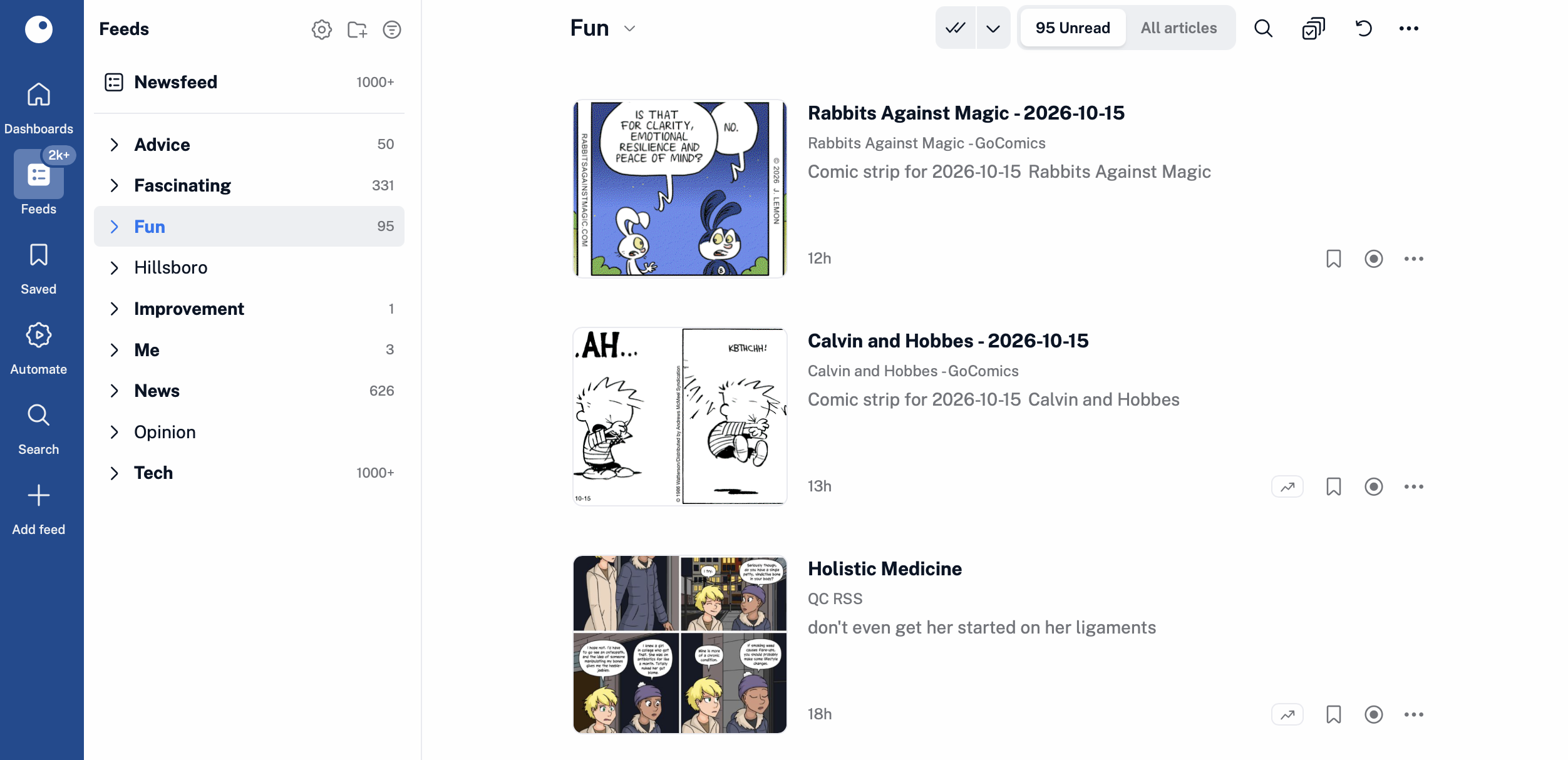 Inoreader, our pick for the best free RSS reader with search and archiving