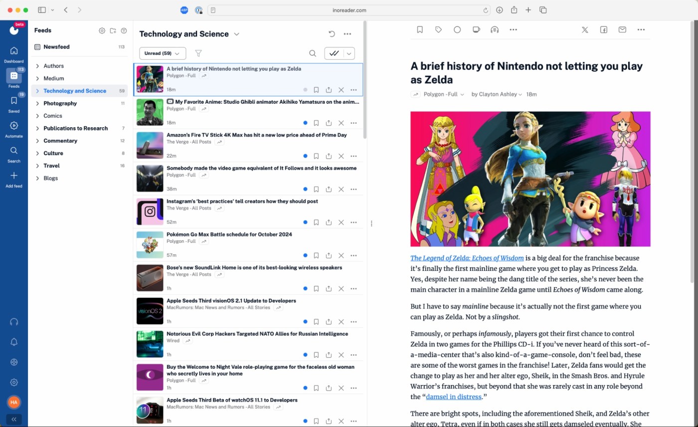 Inoreader, our pick for the best free RSS reader with search and archiving