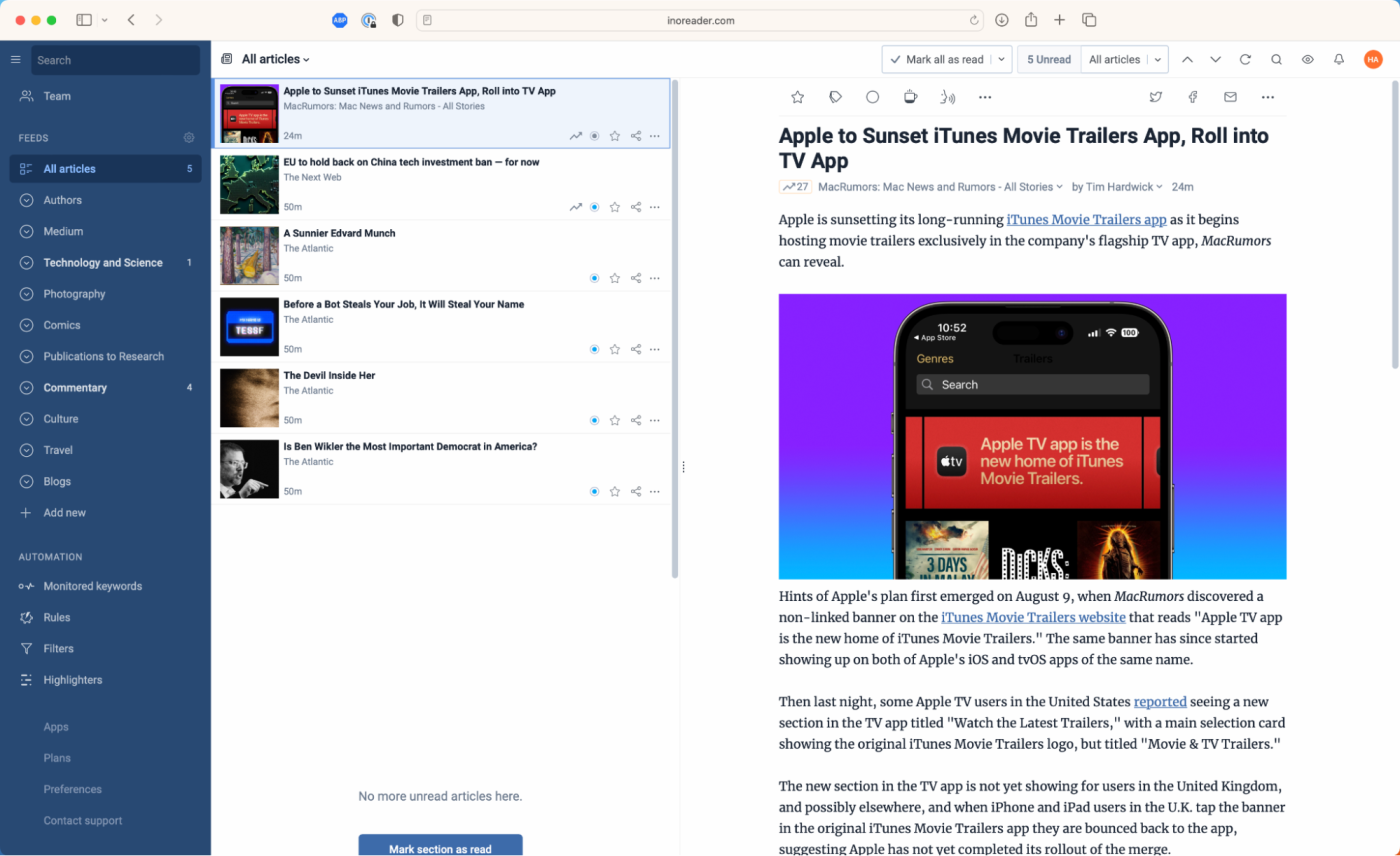 Inoreader, our pick for the est free RSS reader with search and archiving
