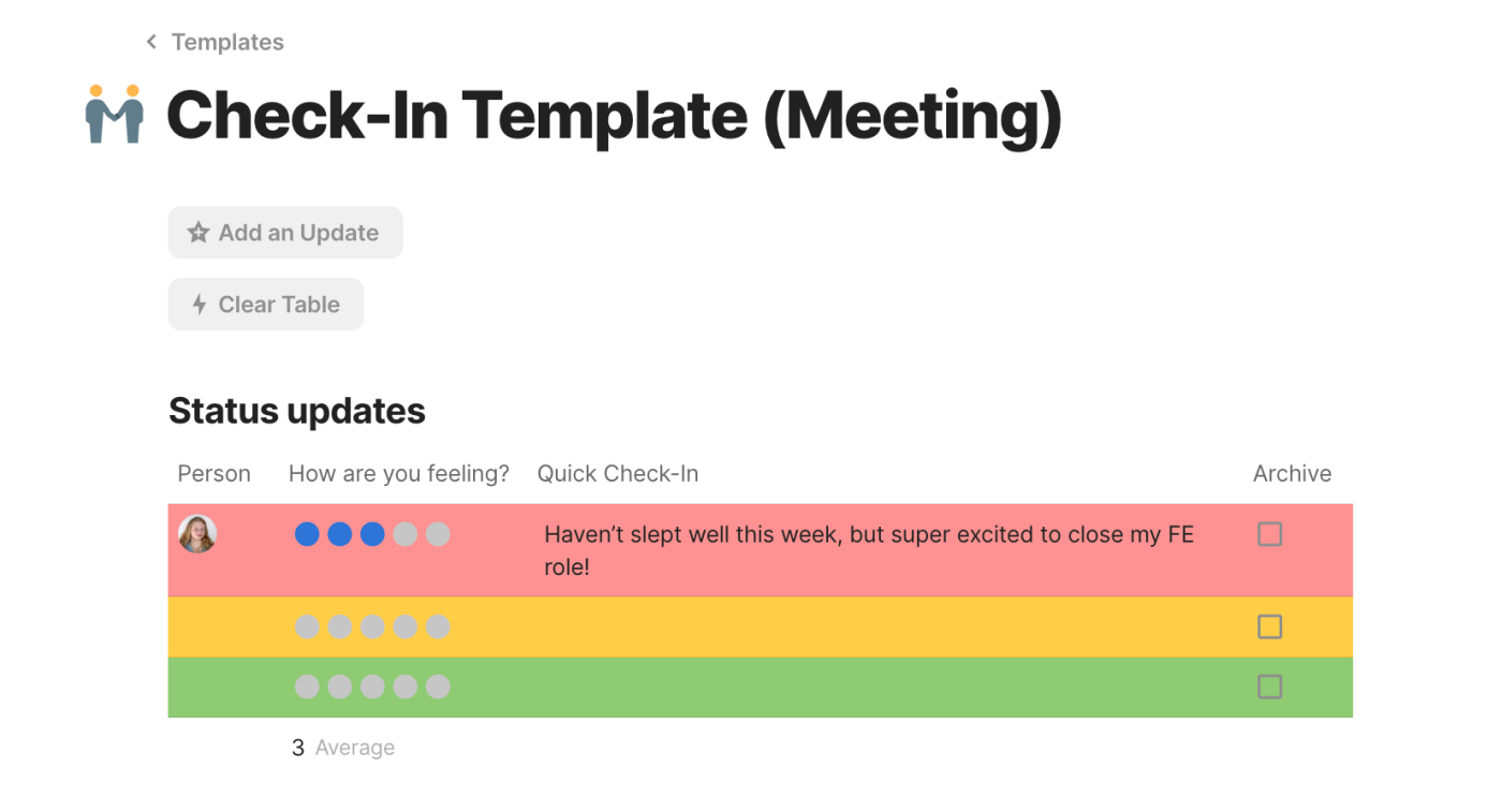 Check-in meeting template in Coda