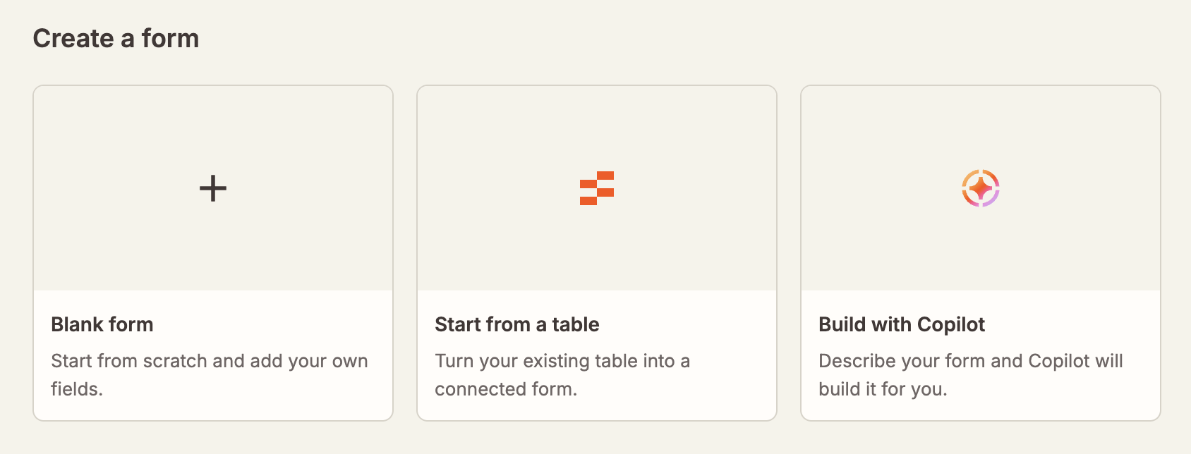 Links to create a blank form, start from a table, or build with Copilot