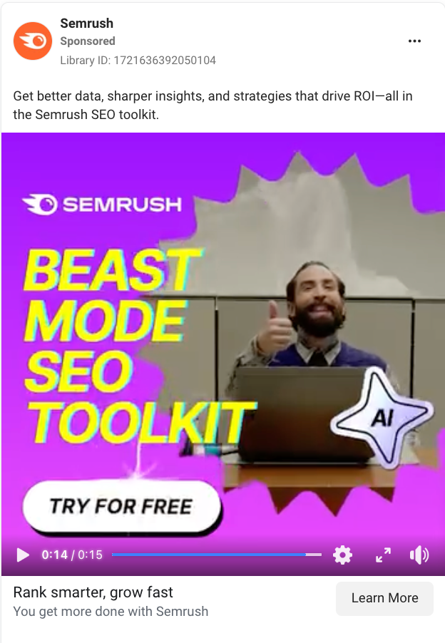 Educational video Facebook ad example from Semrush. 
