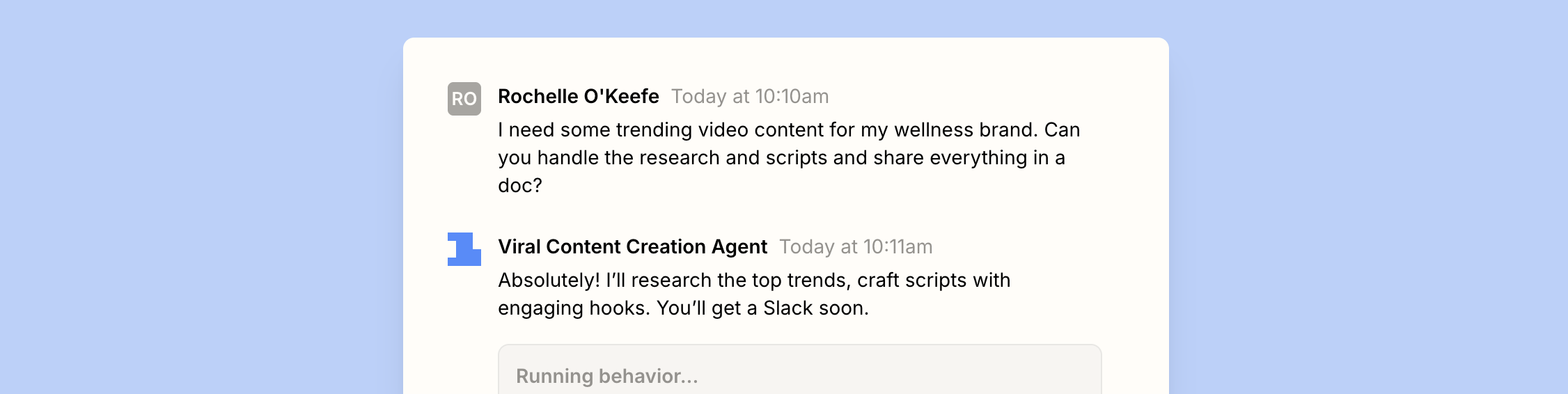 A preview of a conversation with an agent built on Zapier about doing researchin and writing video scripts for a wellness brand.