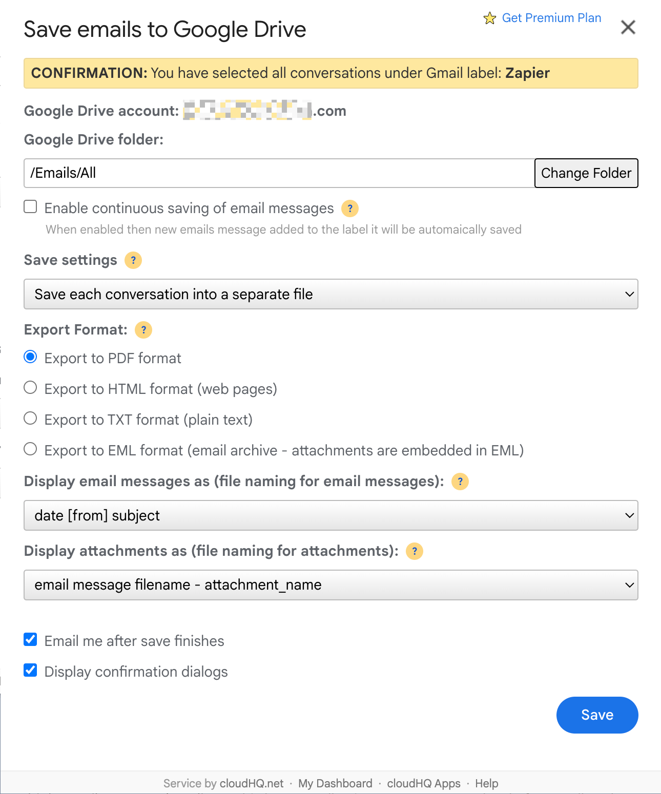 Settings window for saving Gmail emails using the Save Emails to Google Drive Chrome extension.