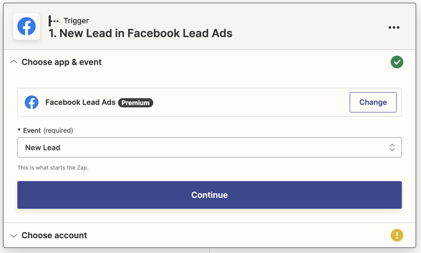 Facebook Lead Ads is selected with New Lead in the Event dropdown.