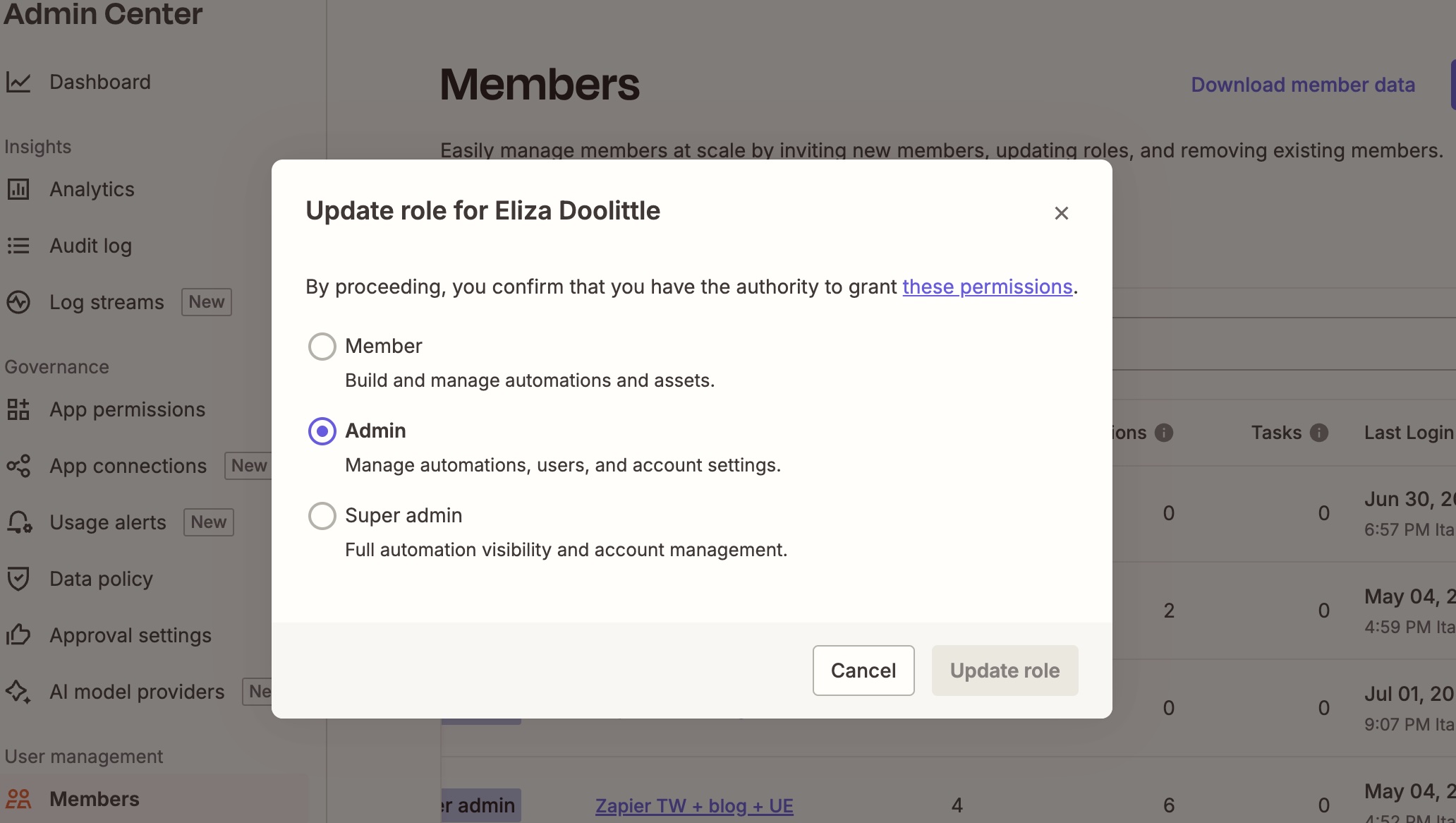 Updating permissions for a user in Zapier