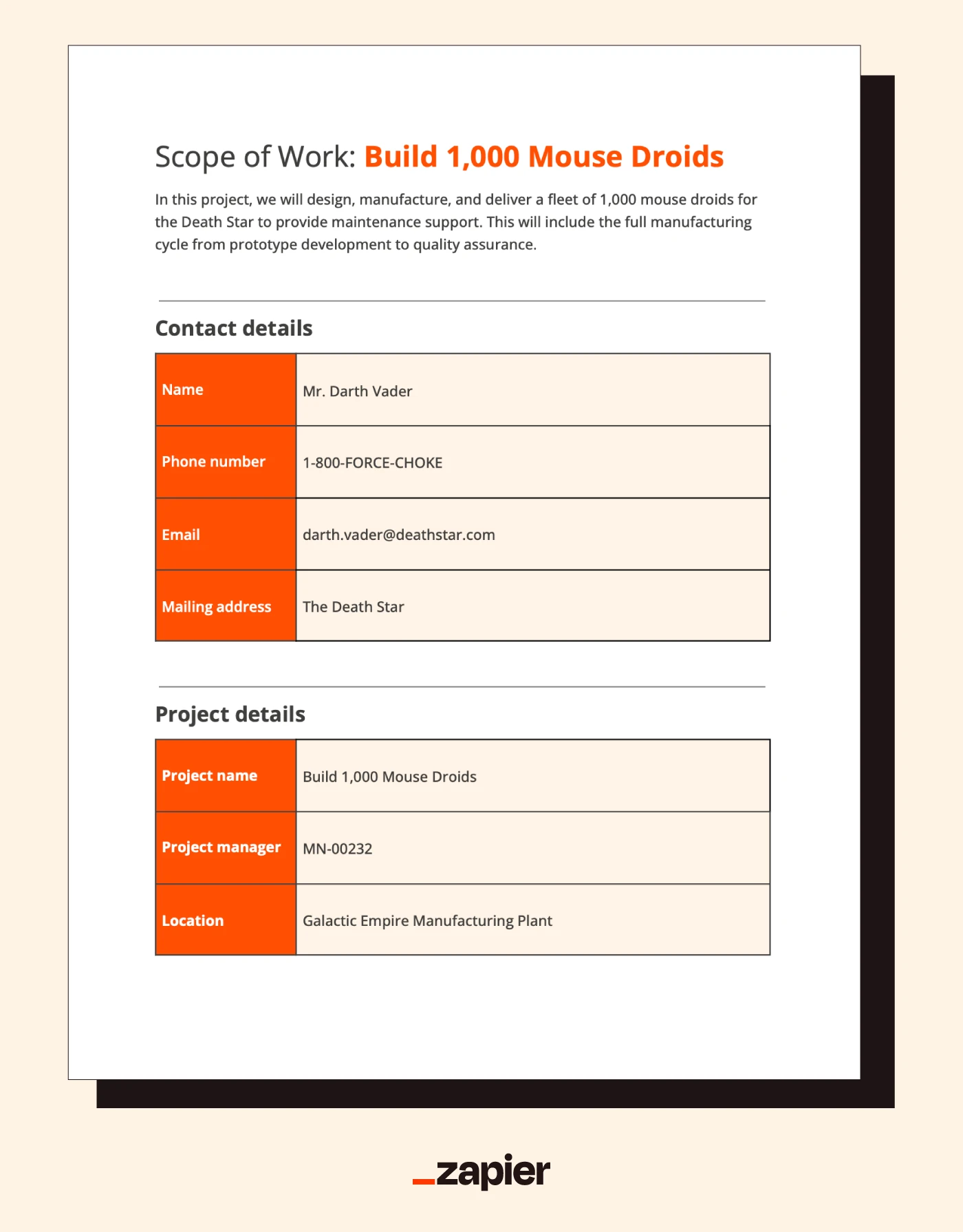 Screenshot of a scope of work template example