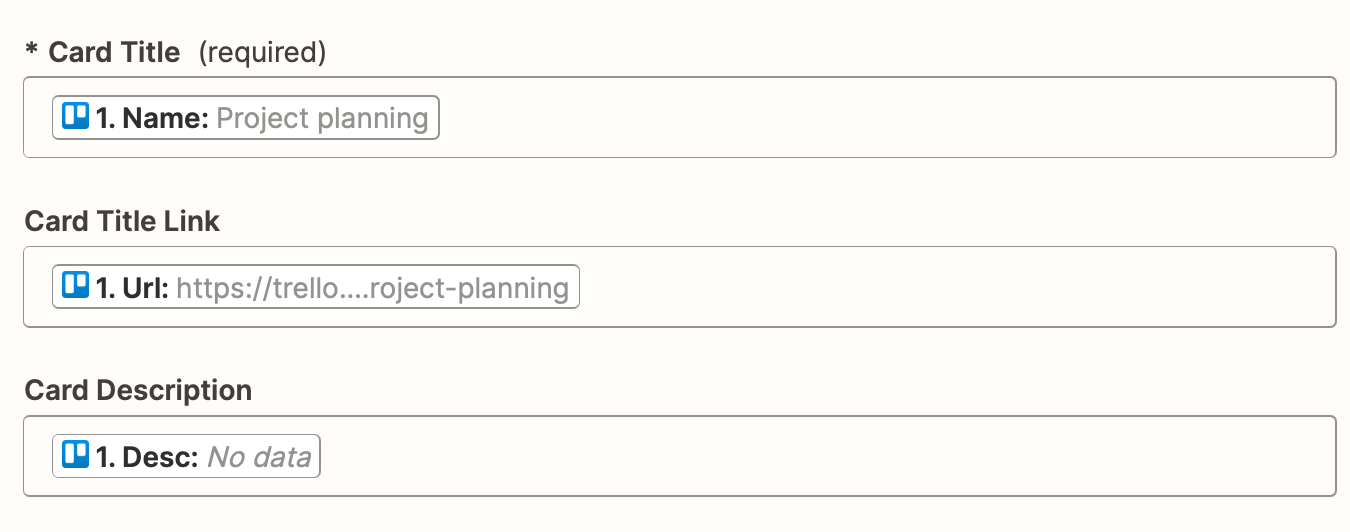 Miro fields in the Zap editor for card title, title link, and description.