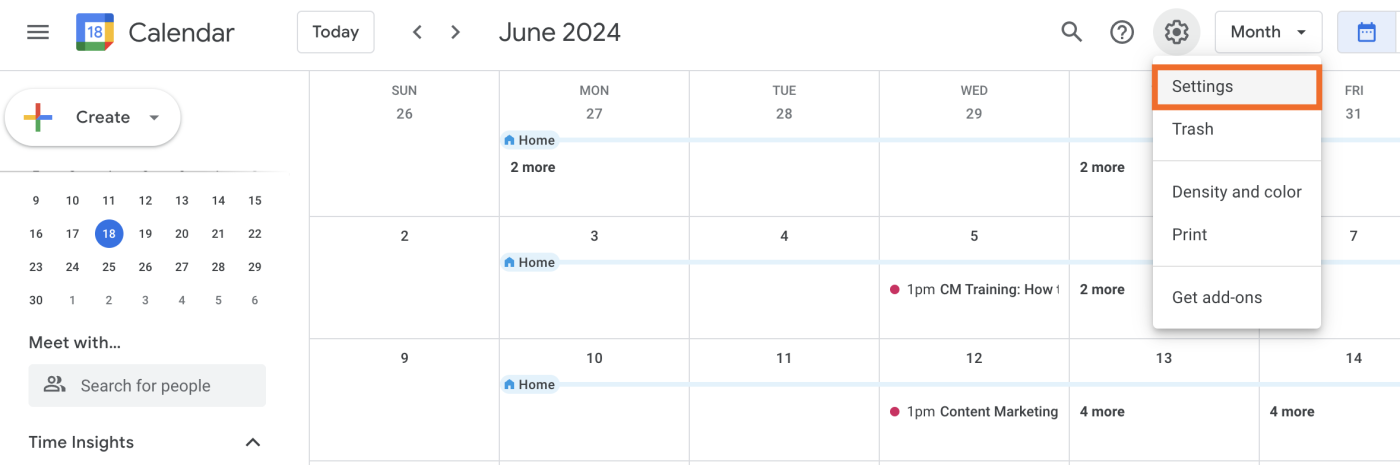 Image showing settings in Google Calendar