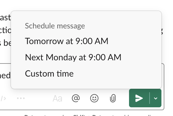 Screenshot of the standard times to schedule a message