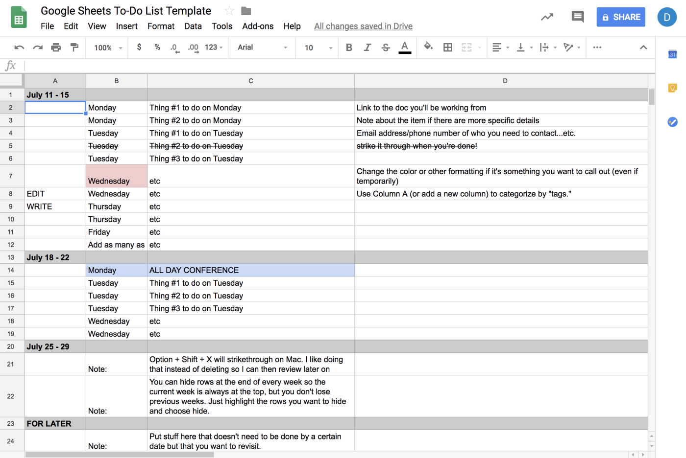 Google Sheets to do list template
