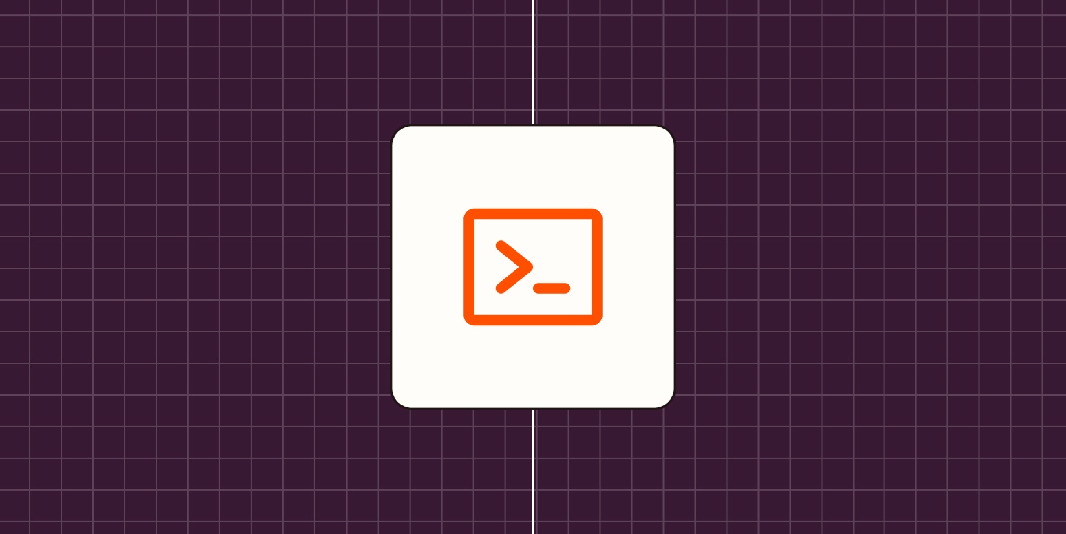 An orange icon of a terminal against a purple background
