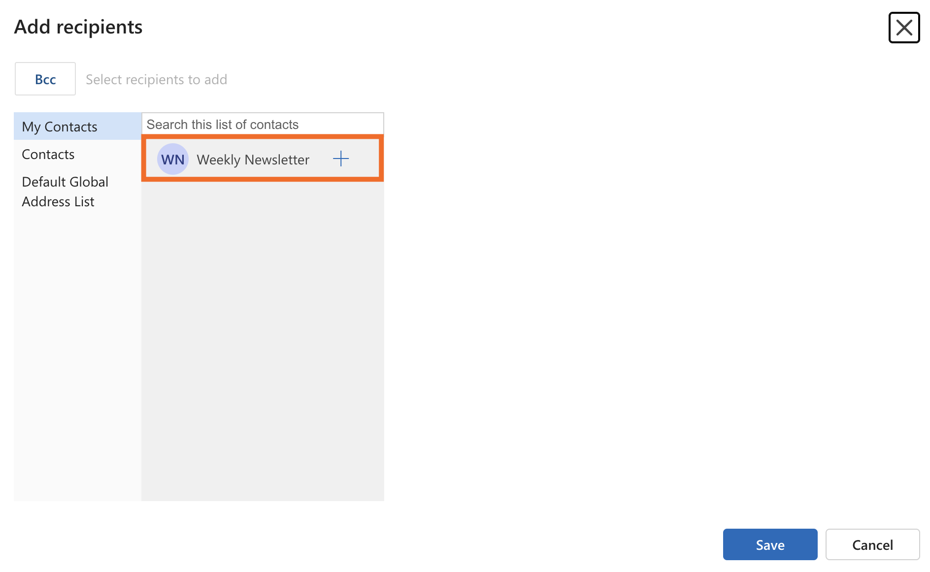 Screenshot showing how to send a newsletter in Outlook to a group.