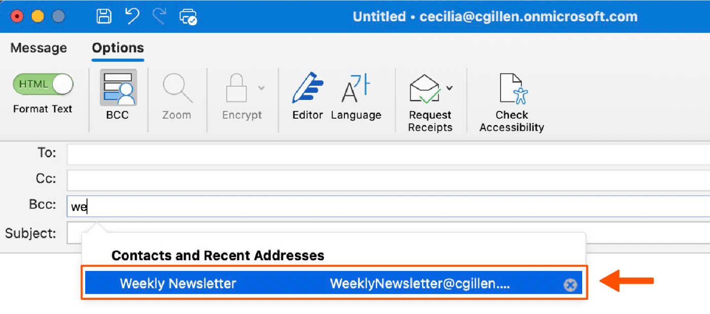 Screenshot showing how to send a newsletter in Outlook to a group.