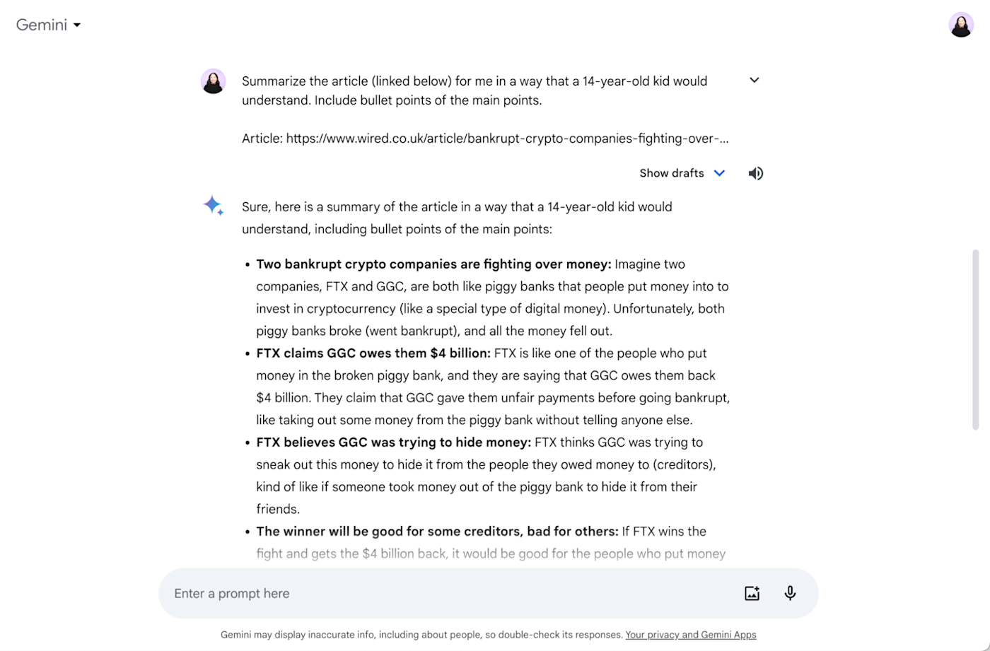 Gemini summarizes an article about bankrupt crypto companies fighting over money in a way that a 14-year-old kid would understand. 