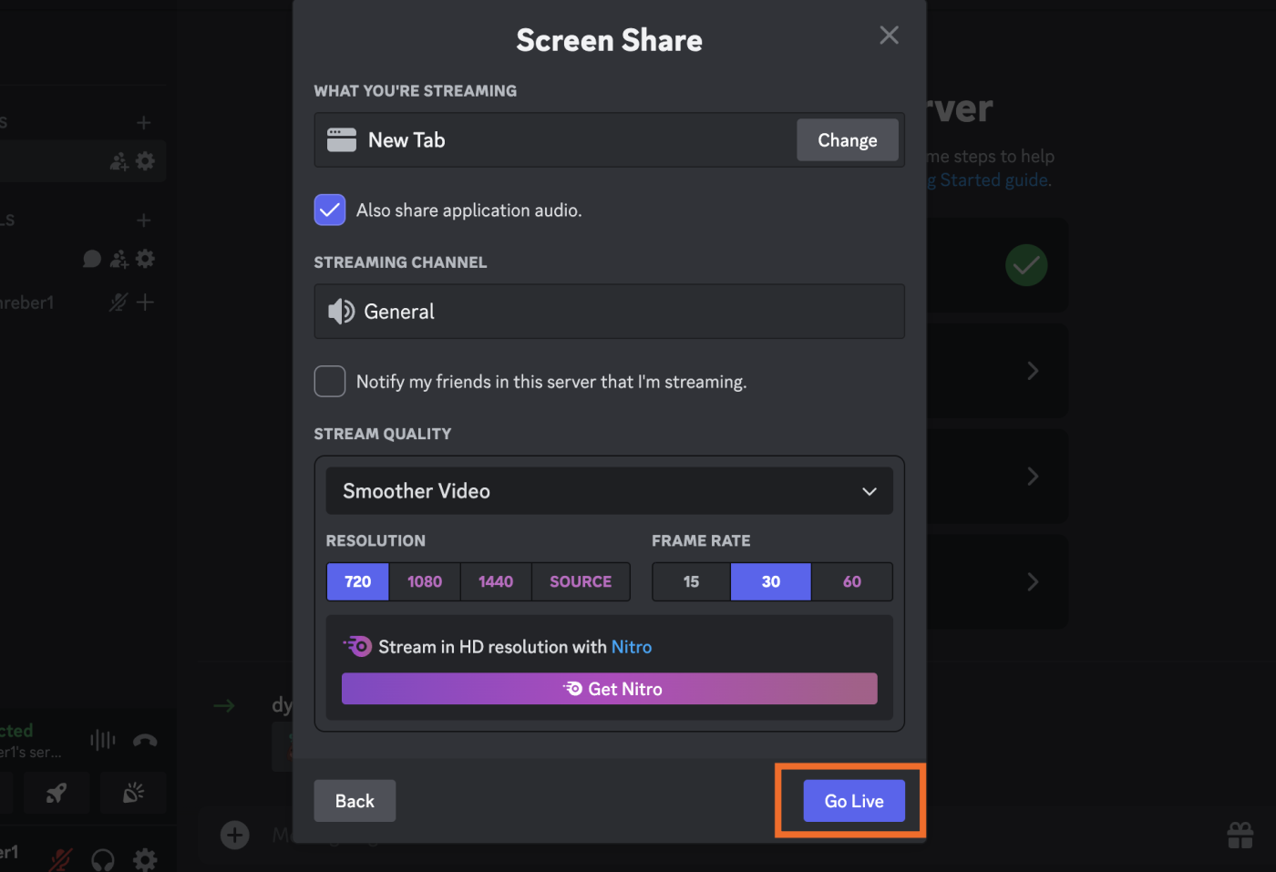 Image showing the Go Live button in Discord