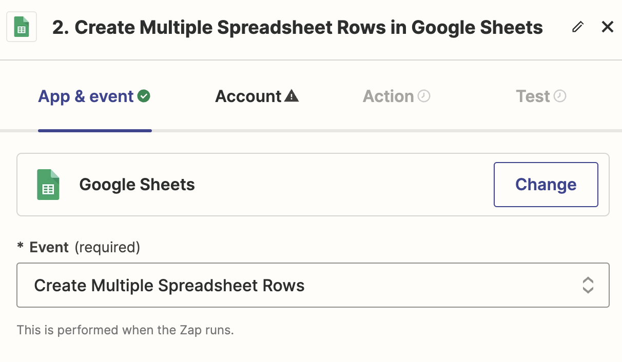 In the Zapier editor's action step, "Google Sheets" and "Create Multiple Spreadsheet Rows" are selected