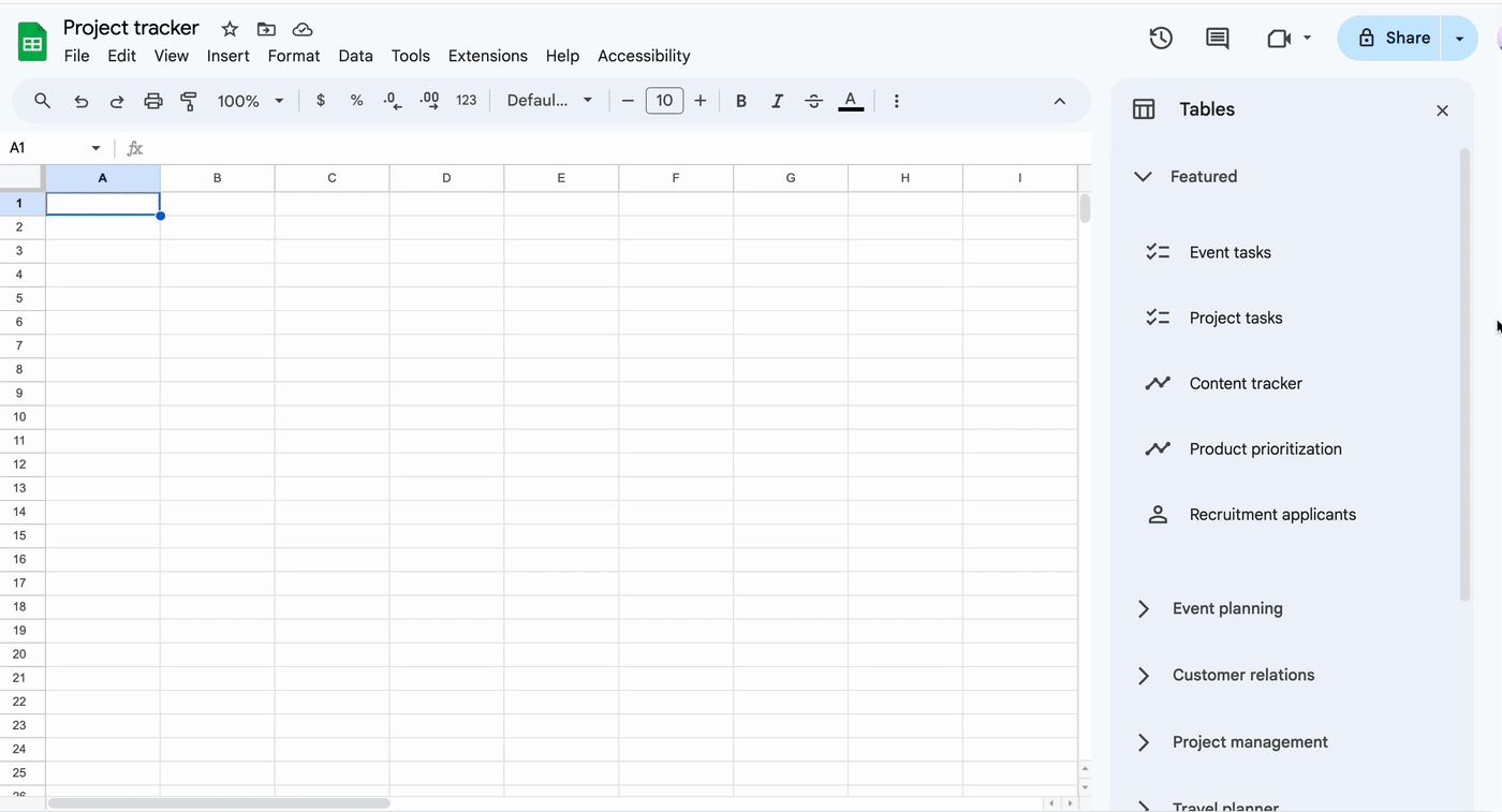 Demo of browsing through Google Sheets's built-in table templates and inserting a template into the spreadsheet.