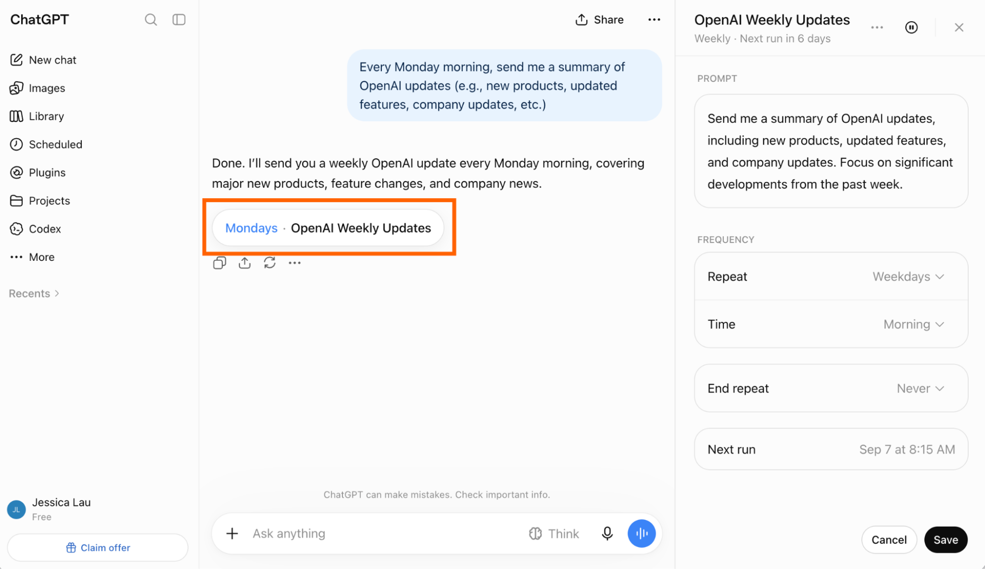 Partial view of a ChatGPT conversation with an expanded view of the scheduled task editor.