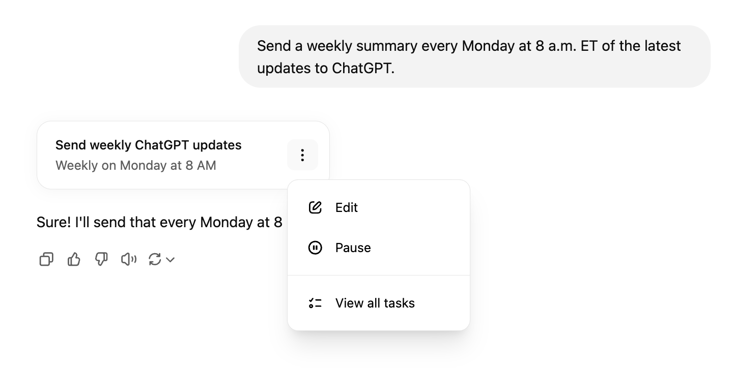 Vista parcial de una conversación de ChatGPT con una vista ampliada del menú vertical de tres puntos para una tarea programada de ChatGPT. 