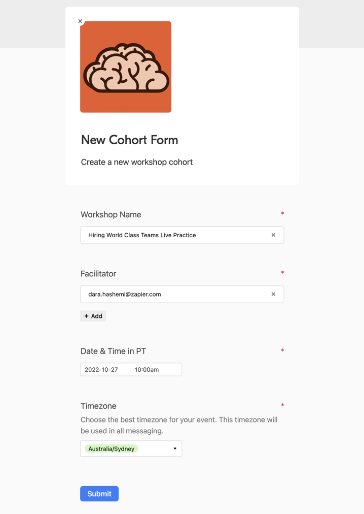 An Airtable form titled New Cohort Form with a brain icon at the top of the form.