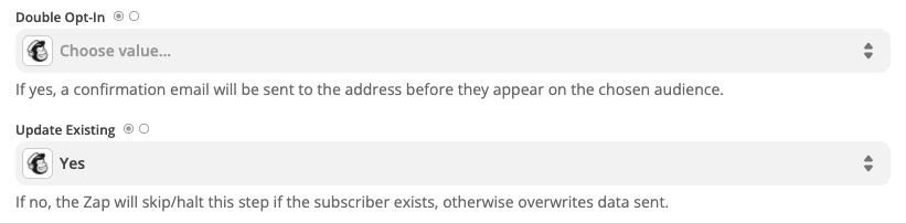 Mailchimp options for subscribers, including a Double Opt-in field with a dropdown to select options. 