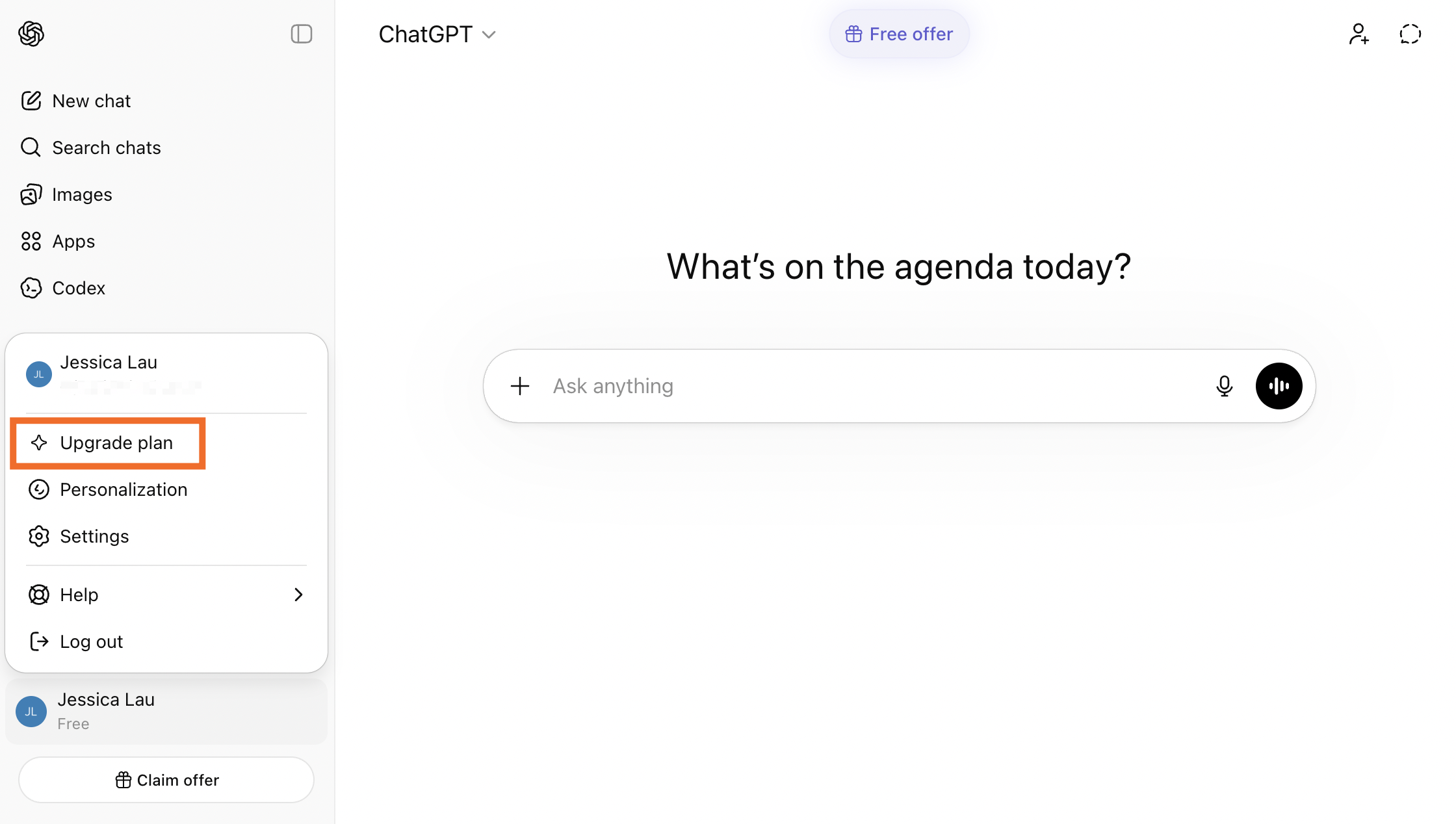 ChatGPT home page with the option to upgrade plan highlighted in the side panel.