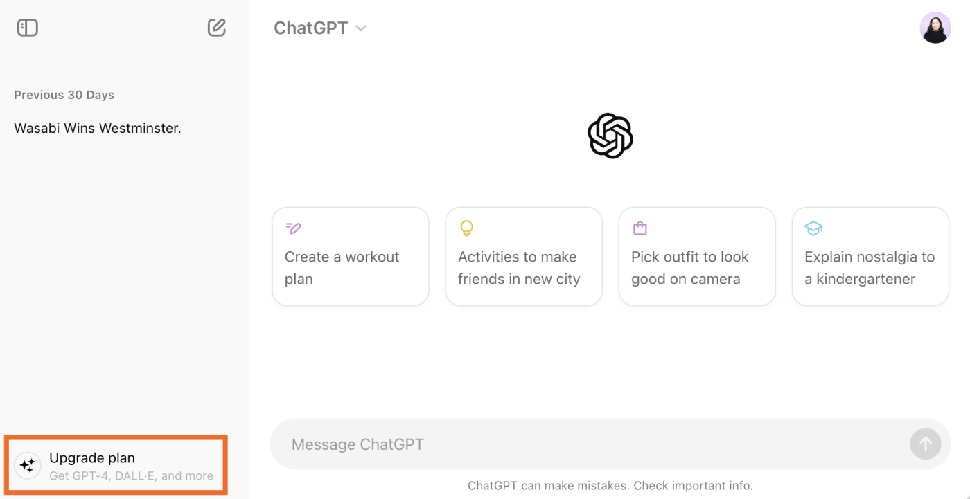 ChatGPT home page with the option to upgrade plan highlighted in the side panel.