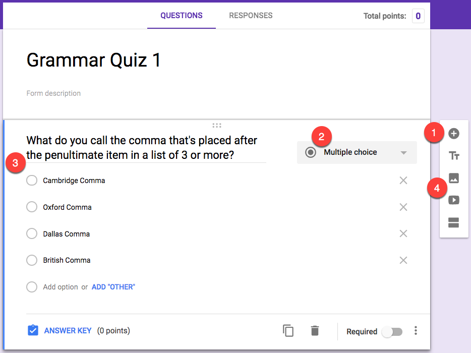 create questions in Google Forms quiz