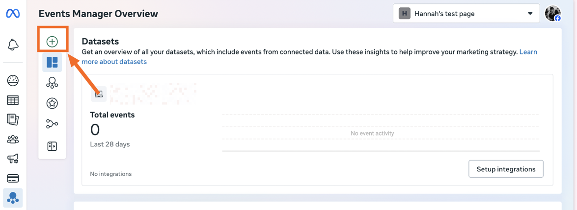 An orange arrow points to a green plus sign in the Events Manager Overview tab.