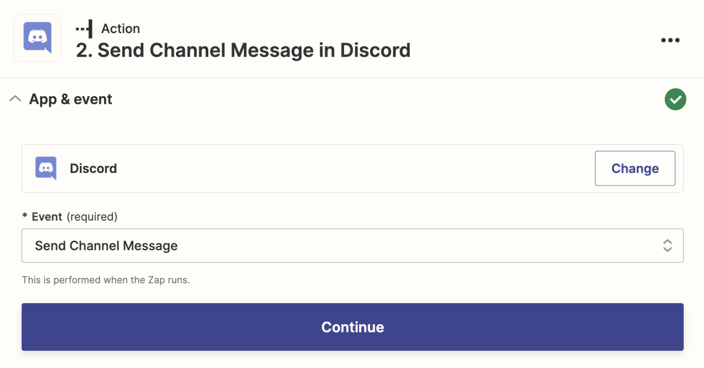 An action step in the Zap editor with Discord selected for the action app and Send Channel Message selected for the action event.