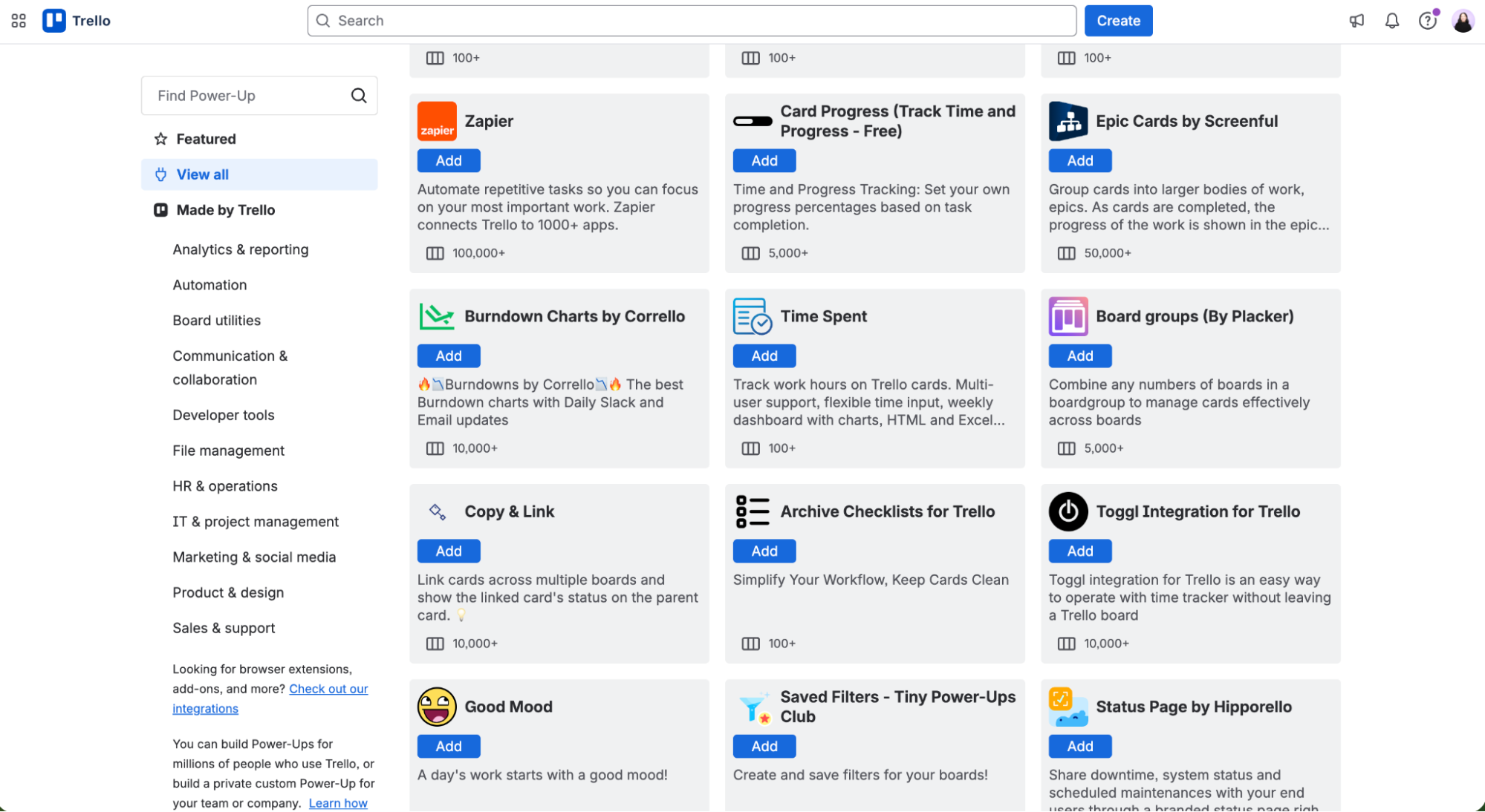 Grid view of Trello Power-Ups. 