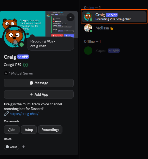 Screenshot showing how to access the Craig bot's profile