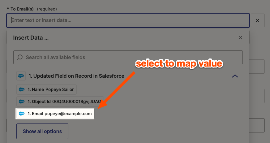 Map the contact's email to the sender field.