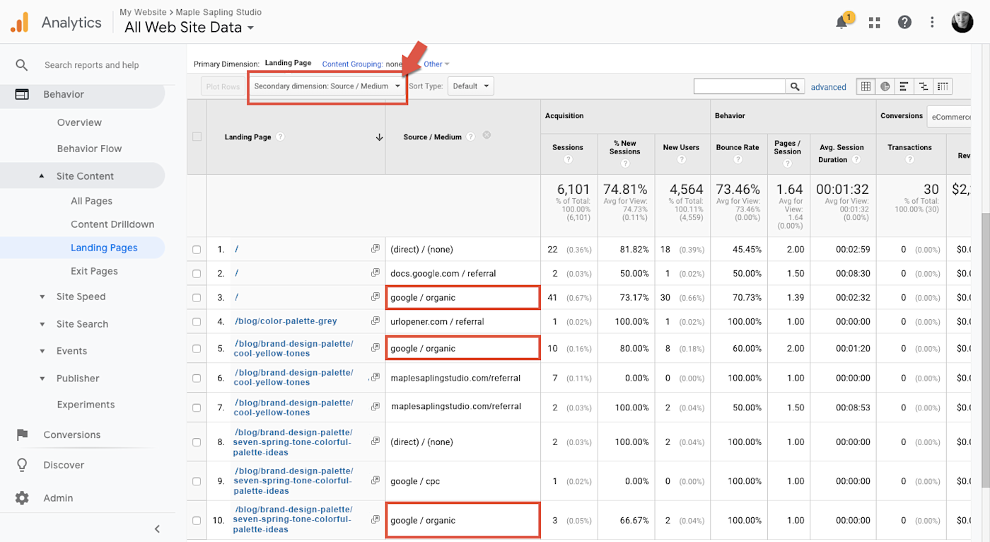 Screenshot showing how to monitor SEO growth with most popular landing pages