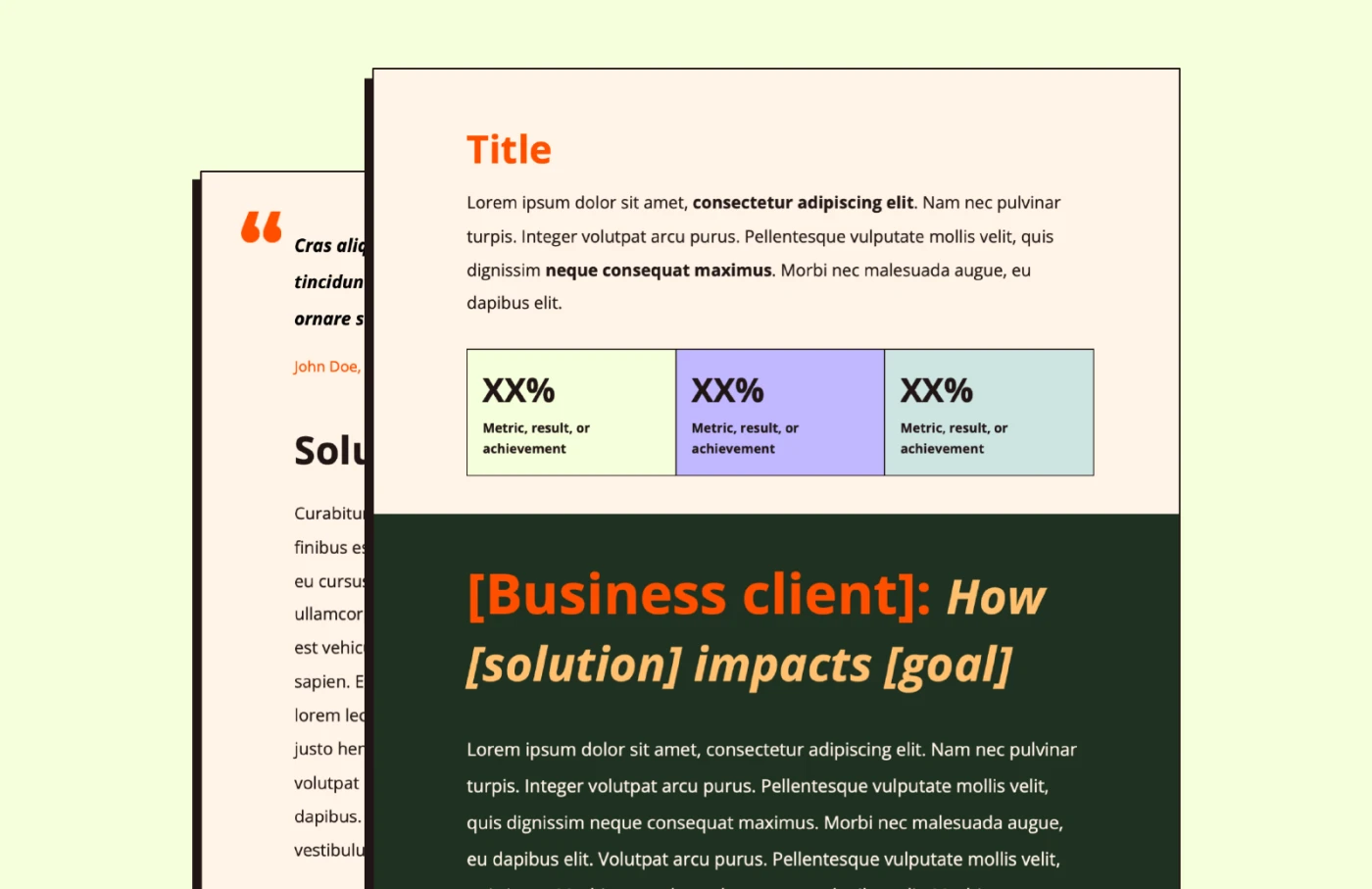 Screenshot of Zapier's first case study template, with the title and three spots for data callouts at the top on a light peach-colored background, followed by a place to write the main success of the case study on a dark green background