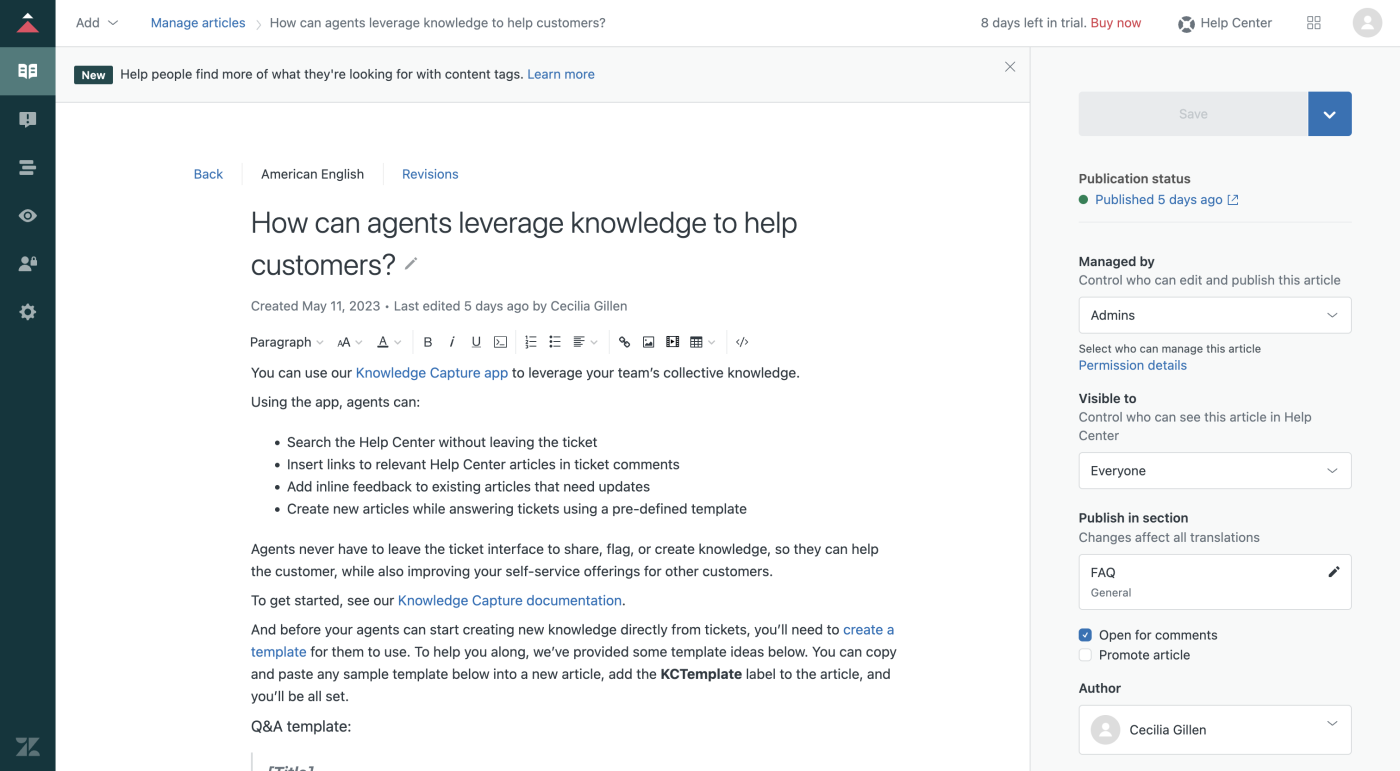Screenshot of a knowledge base article in Zendesk.