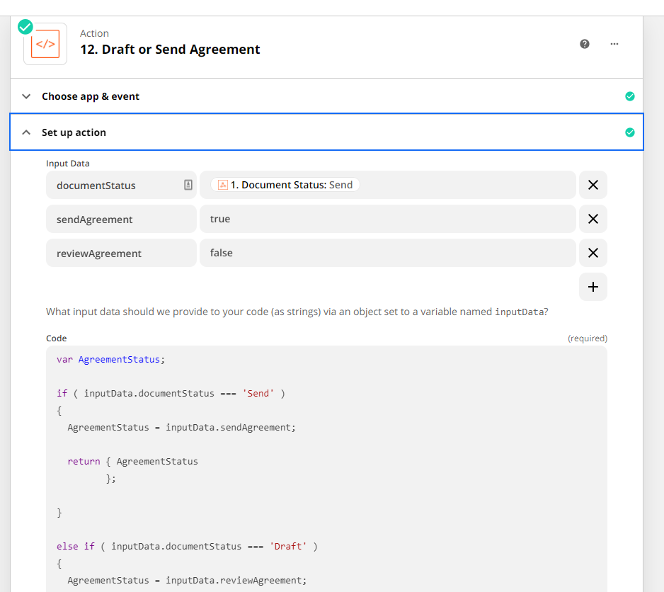 A screenshot of the code step that drafts or sends a service agreement.