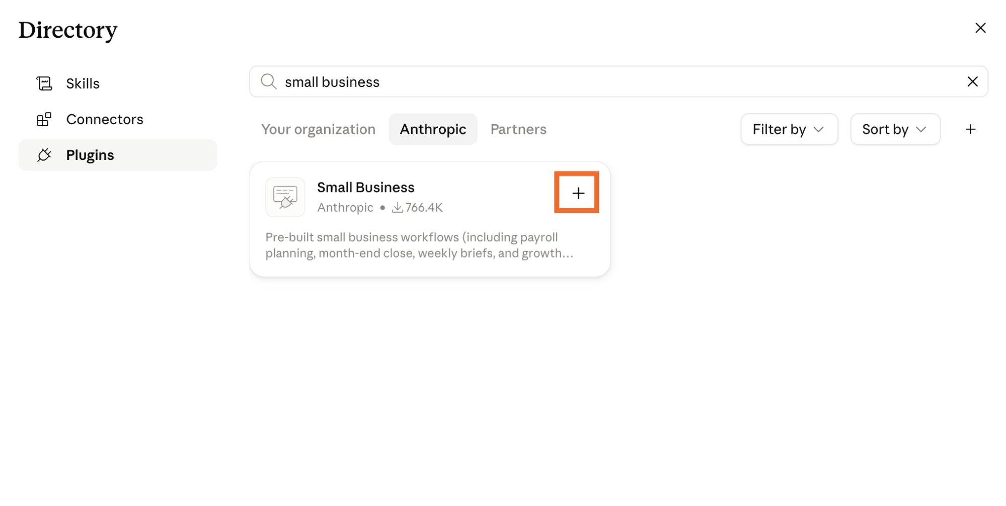 Claude plugins directory search for small business. The install icon for small business is highlighted.