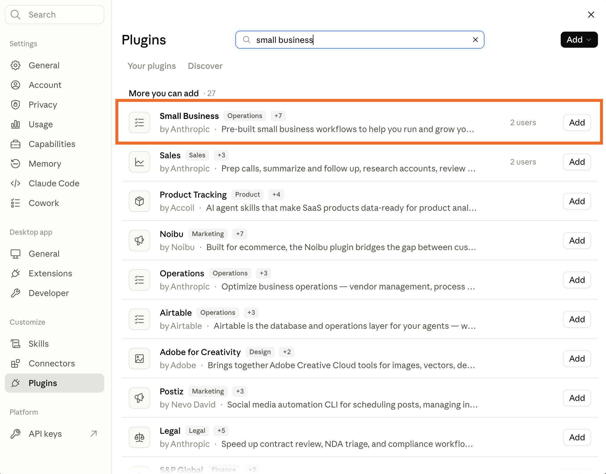 Claude plugins directory search for small business. The install icon for small business is highlighted.